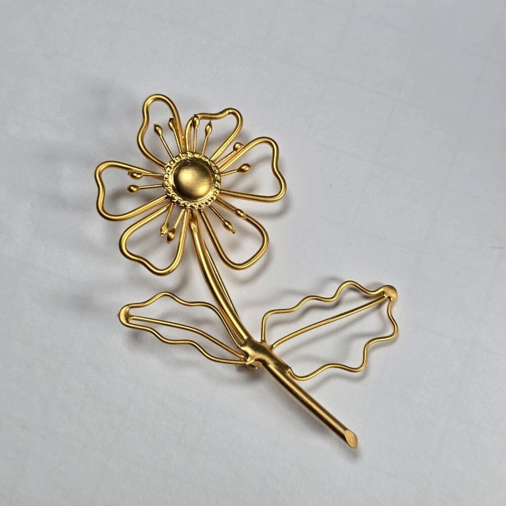 Gold Tone Flower Brooch Open Wire Daisy Mid Century Modernist Statement Vintage - Picture 5 of 10